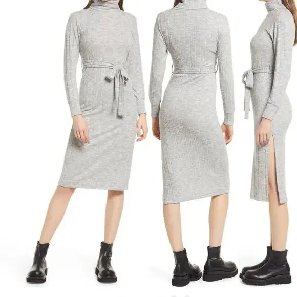 NWT Topshop Belted Turtleneck Long Sleeve Sweater Dress Gray Size 4